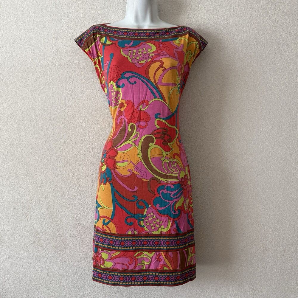 Trina Turk Felana Shift Dress Psychedelic 60s Mod Paisley Print Pink Red Size 2